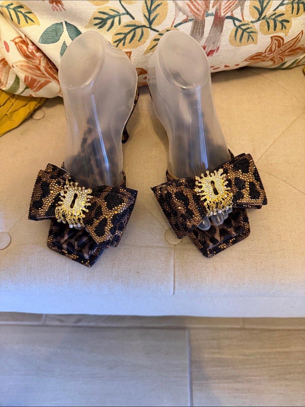 Gianni Bini Leopard Print Bow Slide Sandals with Gold Accent
